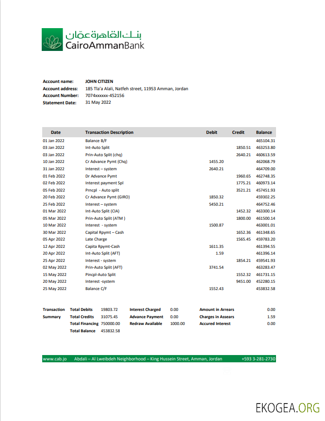 Modèle de relevé bancaire Jordanie Caire Amman, format Excel et PDF